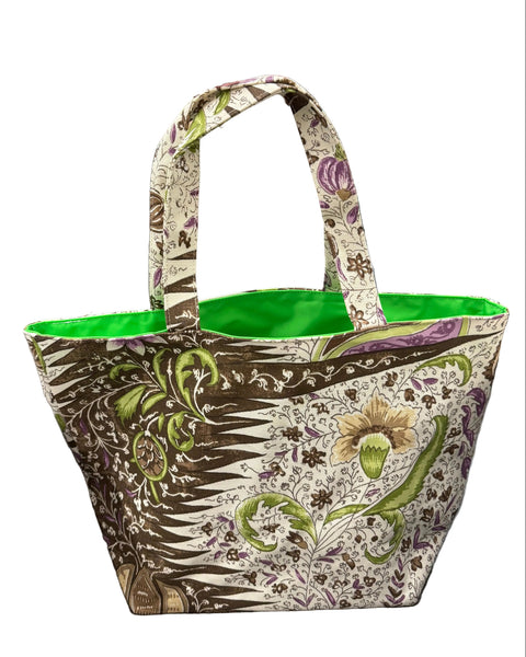 Quadrille Medium Tote: Les Indiennes - Multi Brown with Green Lining