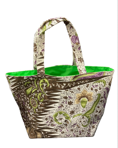 Quadrille Medium Tote: Les Indiennes - Multi Brown with Green Lining