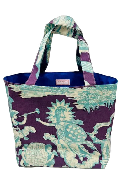 Quadrille Medium Tote: Independence Toile - Turquoise / Purple
