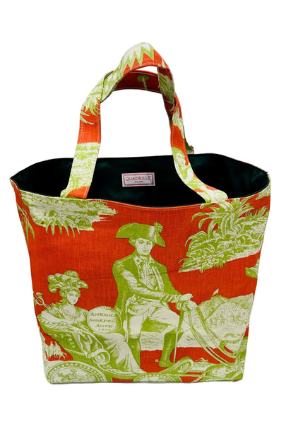 Quadrille Medium Tote: Independence Toile - Orange / Green