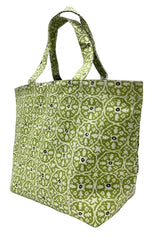 A fabric tote bag with a green, white, and black geometric medallion pattern, featuring two top handles, shown on a plain white background.
