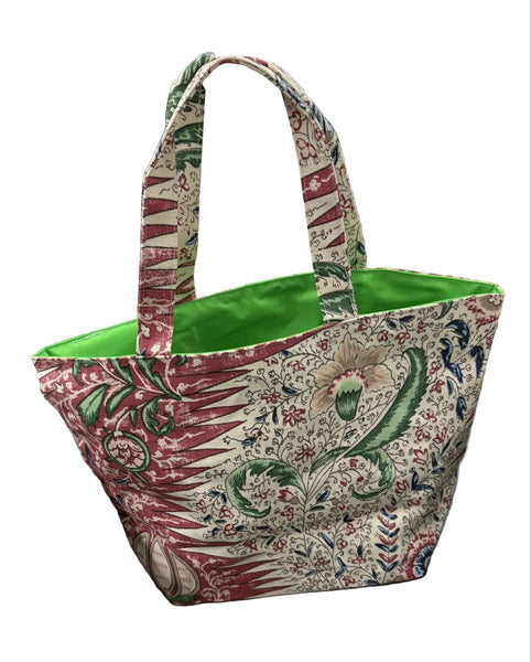 Quadrille Medium Tote: Les Indiennes - Multi Red with Green Lining